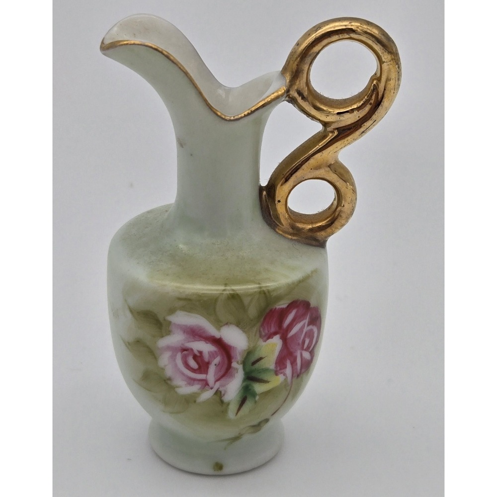 Vintage Lefton Mini Pitcher Label Hand Painted‎ Pink Roses Gold Handle 3"